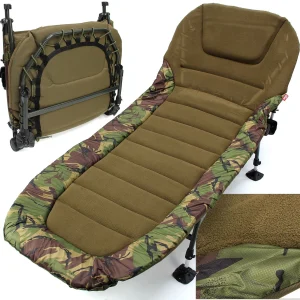 Carp Fishing Bedchair Large 208cm 6 Leg Camo Padded Fleece Flat Bed
